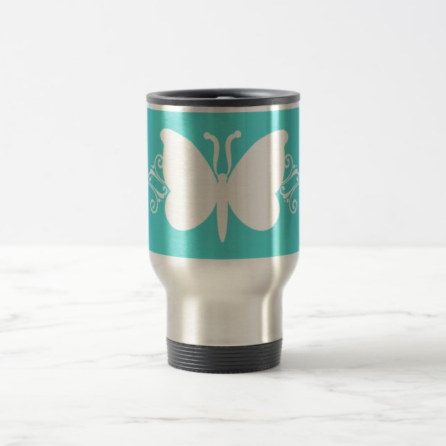 Taza De Viaje Turquoise Butterfly Swirls Mug (Centro)