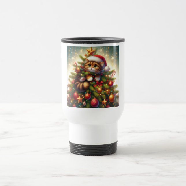 Taza De Viaje Un gato malvado y lindo en el árbol de Navidad (Centro)