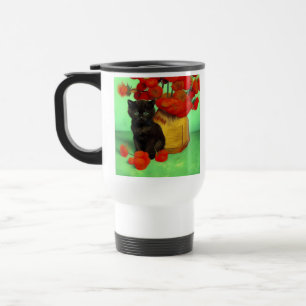 Taza De Viaje Van Gogh Black Kitten Red Flowers