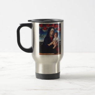 Taza De Viaje Virgen María con el Niño Jesús y los gorrones rojo