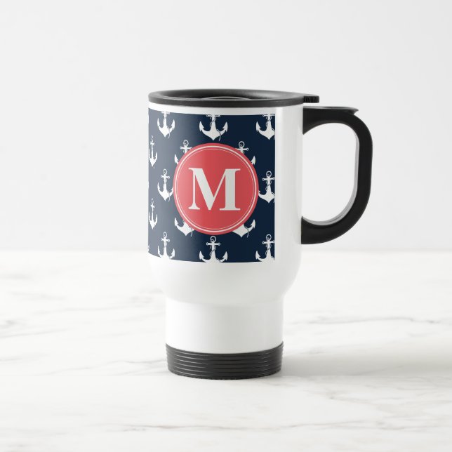 Taza De Viaje Watermelon Monogrammed Navy Blue Anchor Pattern (Derecha)