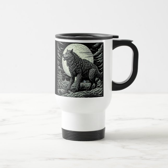 Taza De Viaje Werewolf Ai Art negro y blanco (Derecha)