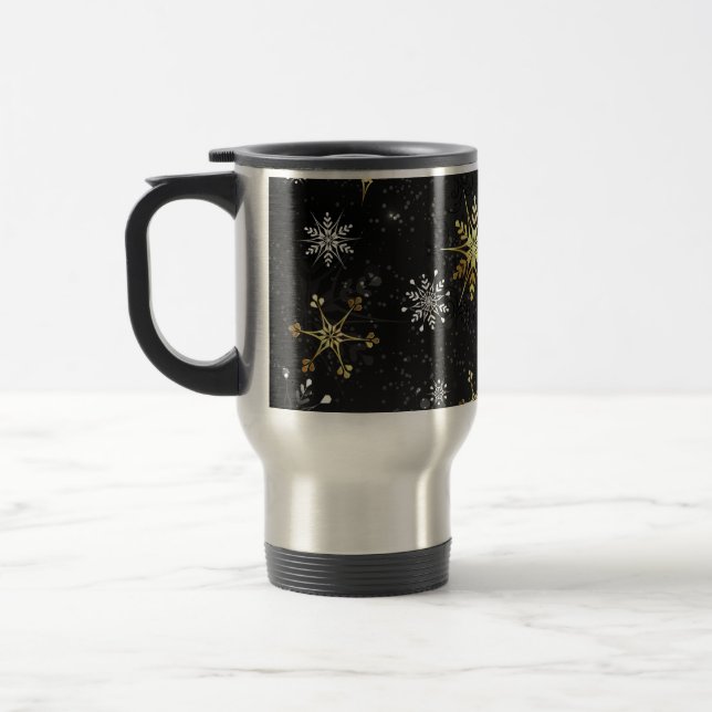 Taza De Viaje Xmas copos de nieve dorados sobre fondo negro (Izquierda)