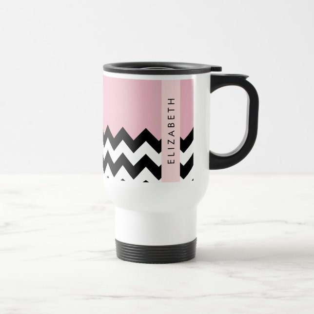 Taza De Viaje Zigzag negro y blanco, chevron, rosado, tu nombre (Derecha)