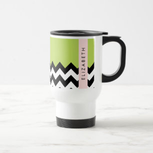Taza De Viaje Zigzag negro y blanco, chevron, verde, tu nombre