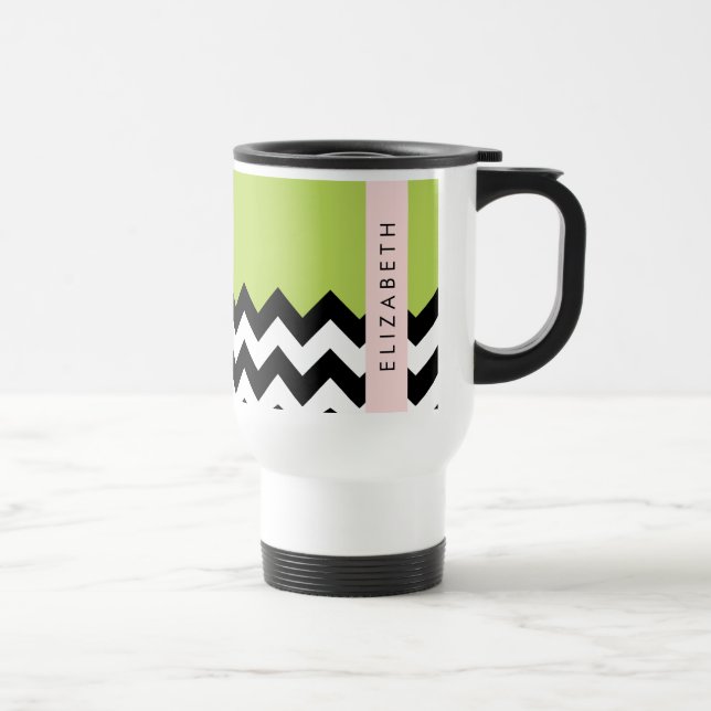 Taza De Viaje Zigzag negro y blanco, chevron, verde, tu nombre (Derecha)