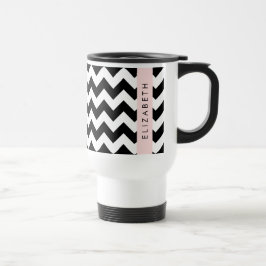 Taza De Viaje Zigzag negro y blanco, patrón de cheurón, nombre