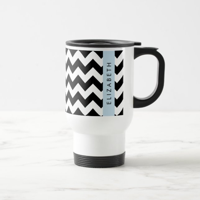 Taza De Viaje Zigzag negro y blanco, patrón de cheurón, nombre (Derecha)