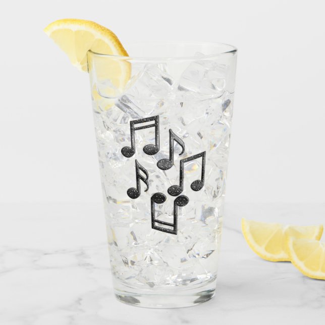 Taza de vidrio con brillo negro notas musicales (Anverso (hielo))