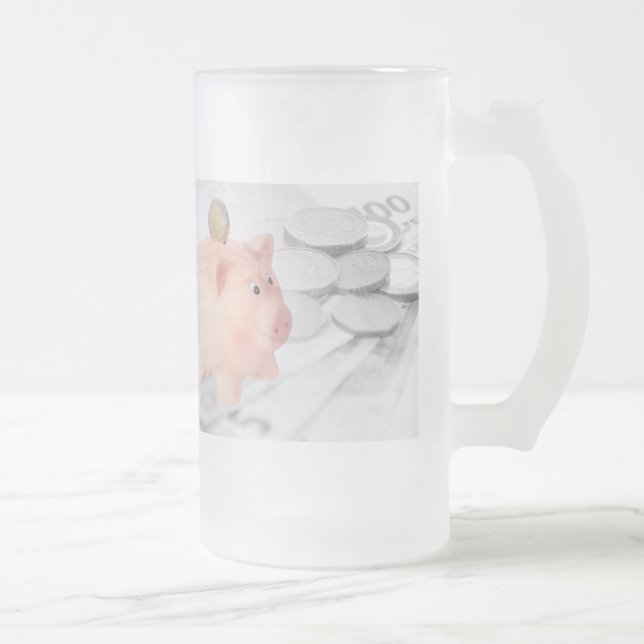 Taza de vidrio con cerdito hucha y euro (Derecha)