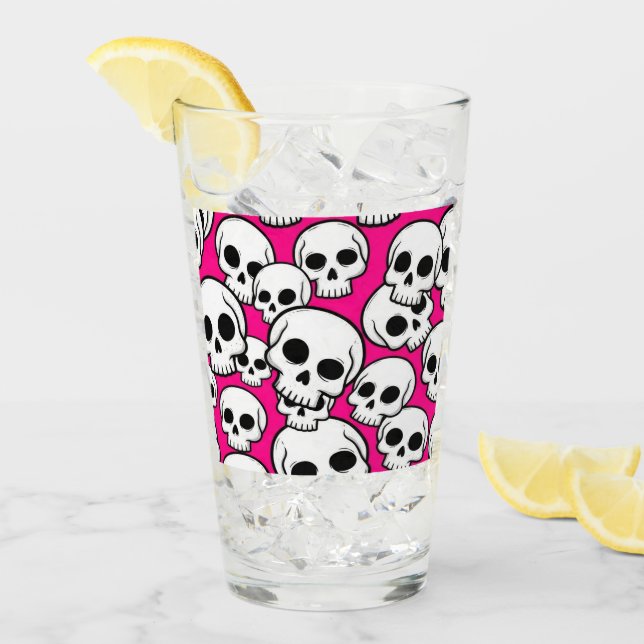 Taza de vidrio con patrón de calavera rosa (Anverso (hielo))