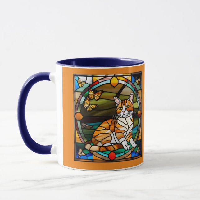 Taza de vidrio emplomado con gato atigrado naranja (Izquierda)