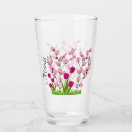 Taza de vidrio helado de flores y mariposas de dis