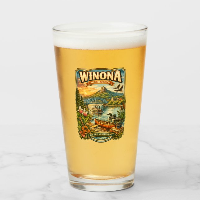 Taza de vidrio souvenir única de Winona, MN Minnes (Anverso (lleno))