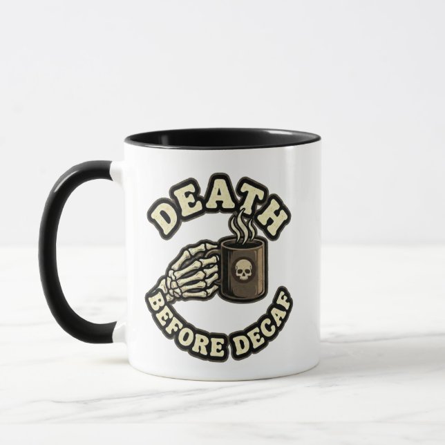 Taza Death Before Decaf | Funny Retro Skull & Coffee  (Izquierda)