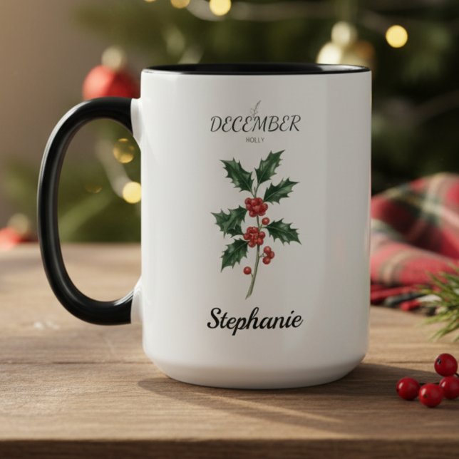 Taza December Birth Flower Holly Birthday (December birth month flower holly birthday coffee mug)
