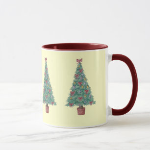 Taza decoraciones de arcos rojos en árboles de navidad
