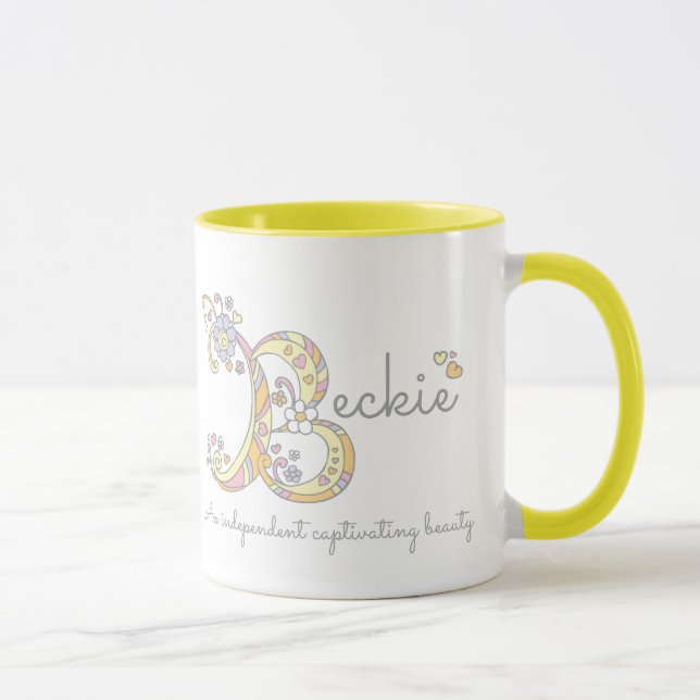 Taza decorativa del nombre y del significado de (Derecha)