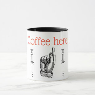 Taza dedo vintage apuntando mano en blanco y negro