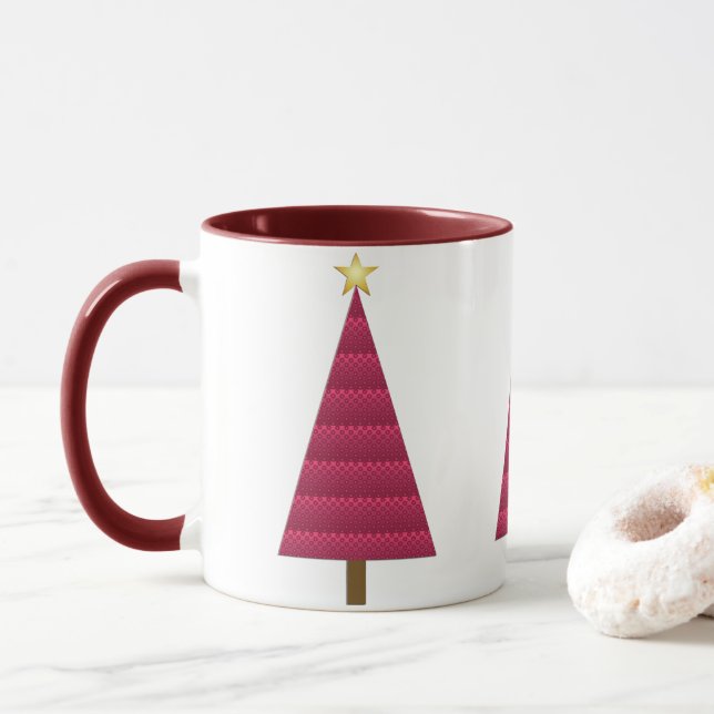 Taza Deep Burgundy Damask Moderno árbol de Navidad Mug (Con donut)