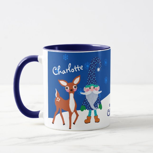 Taza Deer azul y Navidades personalizados de gnomo (Izquierda)