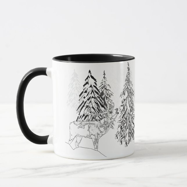 Taza Deer, invierno, bosque, árboles de Navidad, monocr (Izquierda)