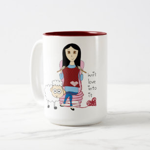 Taza del chica que hace punto y de las ovejas