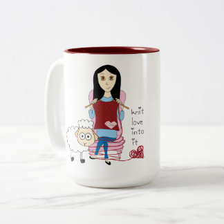 Taza del chica que hace punto y de las ovejas