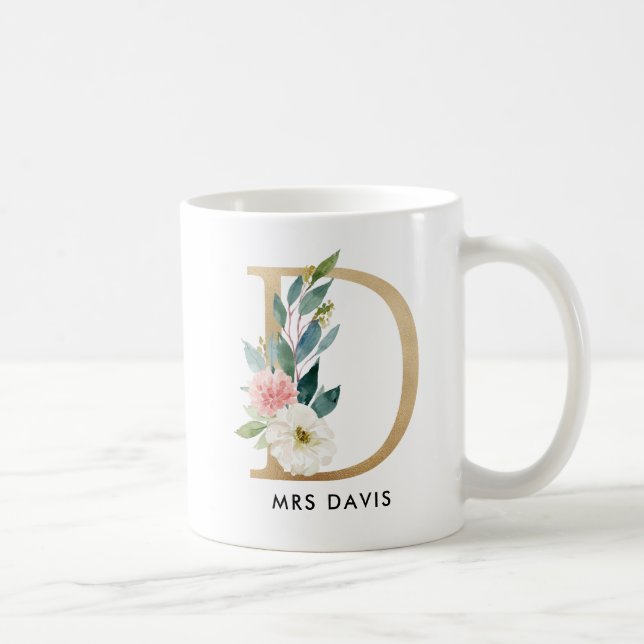 Taza del monograma, monograma floral D, regalo de (Derecha)