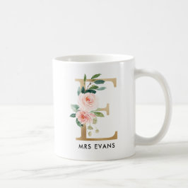Taza del monograma, monograma floral E, regalo de