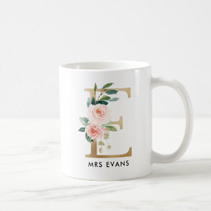 Taza del monograma, monograma floral E, regalo de