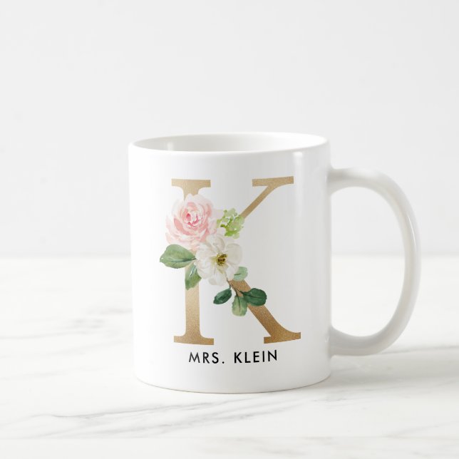 Taza del monograma, monograma floral K, regalo de (Derecha)