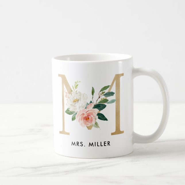 Taza del monograma, monograma floral M, regalo de (Derecha)