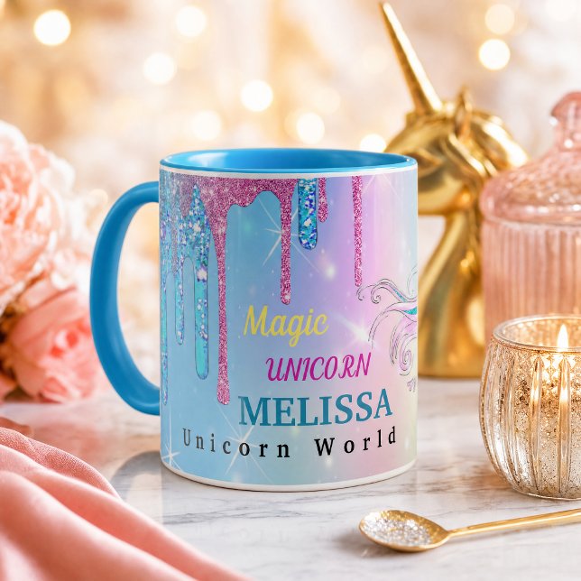 Taza del Unicornio Mágico (Personalized Unicorn Mug with Name | Glitter Drip Magic Unicorn Cup | Custom Gift for Girls)