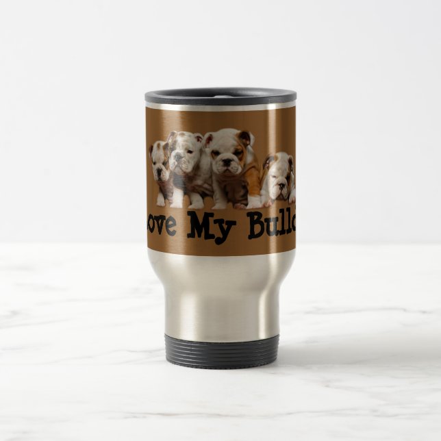 Taza del viaje del amor de perritos del bulldog (Centro)