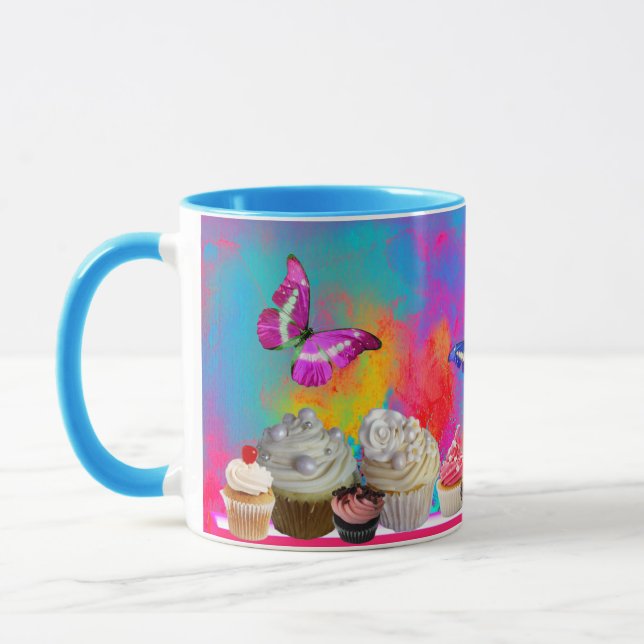 Taza DELICIOSOS CUPCAKES Y MARIPOSAS Azul rosado (Izquierda)
