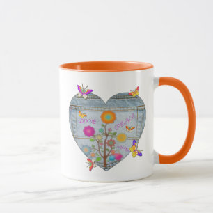 Taza Denim Pocket Heart Flowers Butterflies Coffee Mug