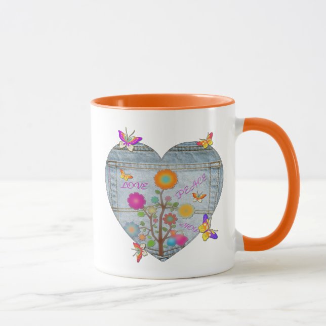 Taza Denim Pocket Heart Flowers Butterflies Coffee Mug (Derecha)