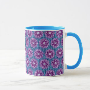 Taza Denim y flor púrpura y paro azul