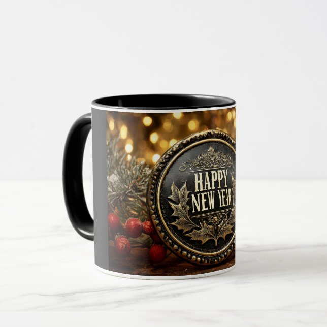 Taza deseos de año nuevo feliz en un fondo festivo (Anverso izquierdo)
