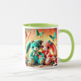 Taza Deux lapins en peluche colorés avec papillons.