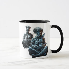 Taza Deux poupées câlinent leurs lapins.
