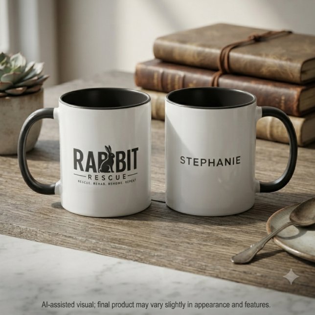 Taza Devota Silueta de Rescate de Conejo de Carbón (Charcoal bunny silhouette and rescue quote for passionate animal lovers and adoption milestones)