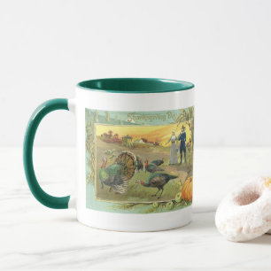 Taza Día de Acción de Gracias con pavos y peregrinos