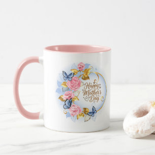 Taza Día de la Madre Elegante Rosa Rosa y Mariposa Azul