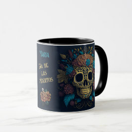 Taza Día de los muertos Añadir nombre Skull negro dentr