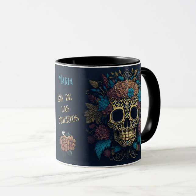 Taza Día de los muertos Añadir nombre Skull negro dentr (Anverso derecho)