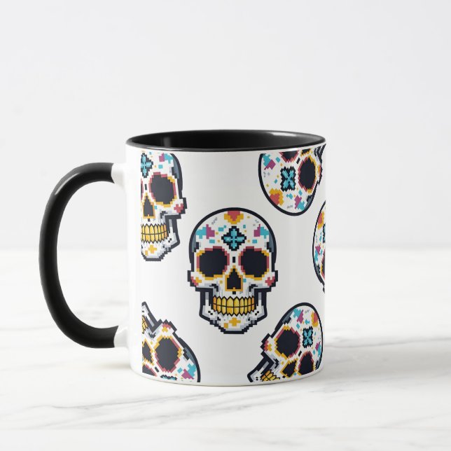 Taza Dia De Los Muertos Pixelated Skull Pattern (Izquierda)