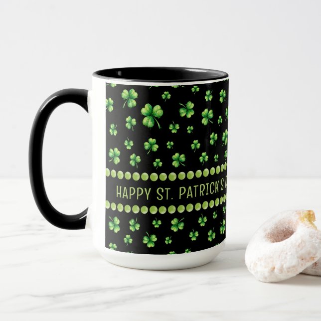 Taza Día de San Patricio Trebol de acuarela sobre negro (Con donut)