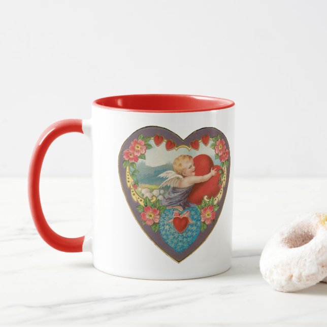 Taza Día de San Valentín antiguo, corazones de querubin (Con donut)